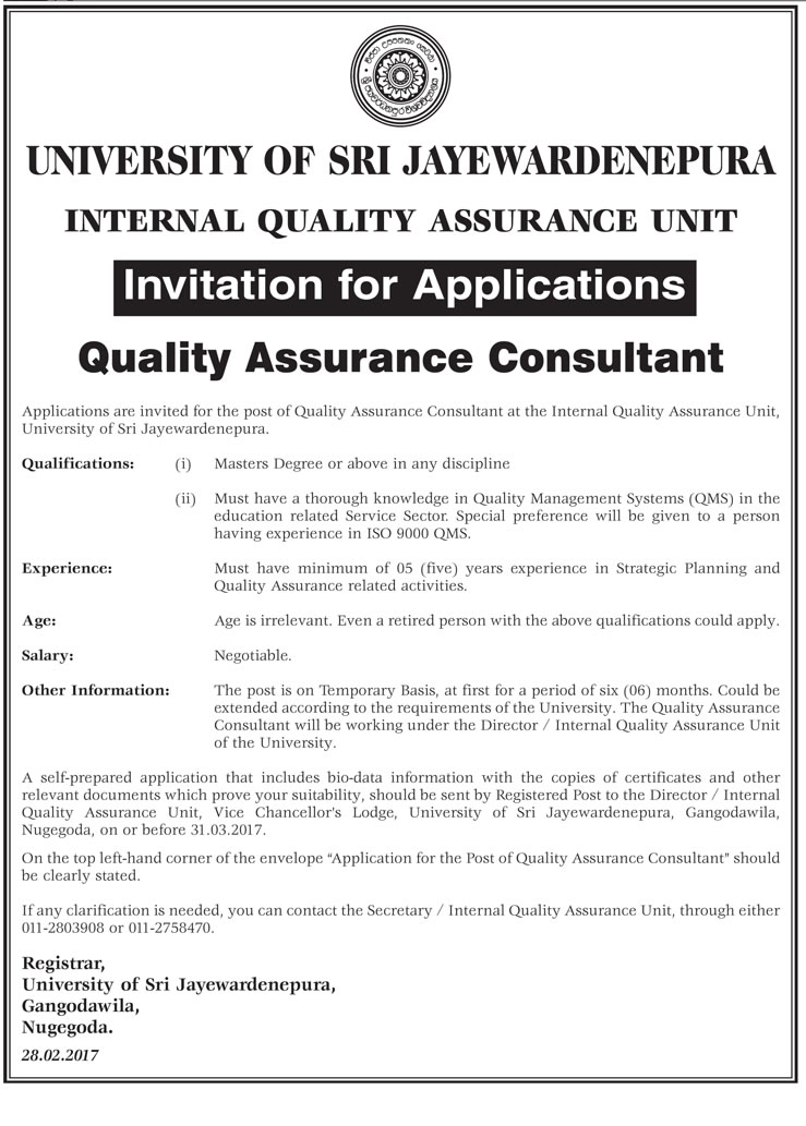 Quality Assurance Consultant - University of Sri Jayawardenepura